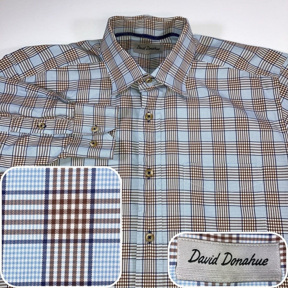 David Donahue Shirt Mens M Blue Brown Patchwork Plaid Button Down Cotton - Picture 1 of 16